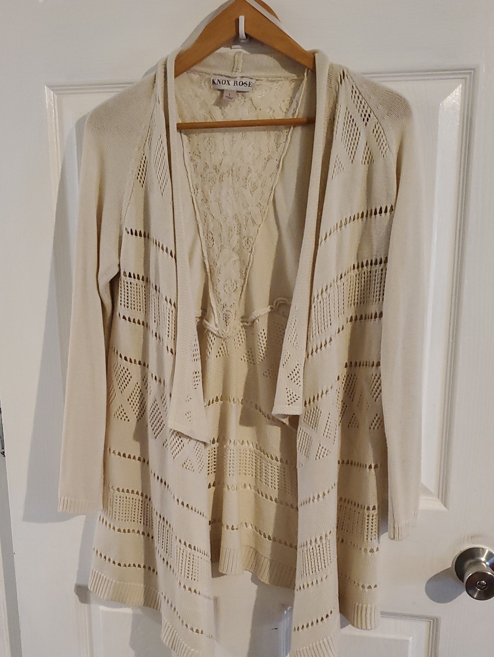 Knox Rose Cream Open-Front Knit Cardigan with Lace Back